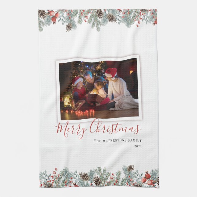 Modern Family Photo Merry Christmas Rustic Kitchen Towel (Vertical)