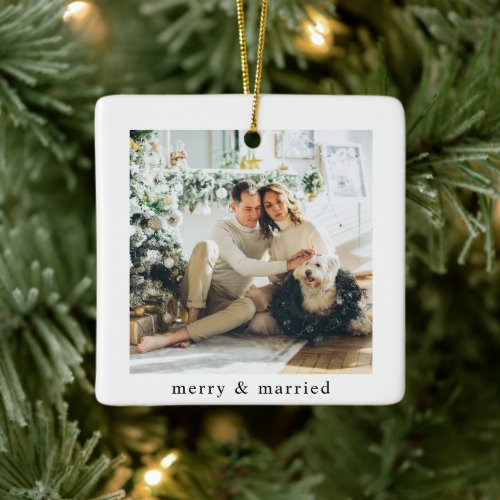 Modern Family Photo  Merry &amp; Married Ceramic Ornament