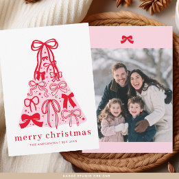 Modern Family Photo Merry Pink Red Bow Holiday Card