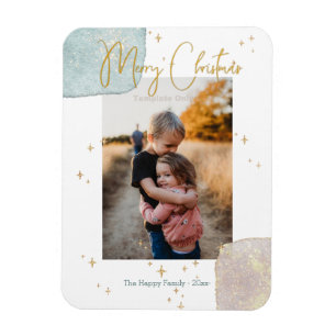 Modern Family Photo Merry Script Gold Watercolor M Magnet