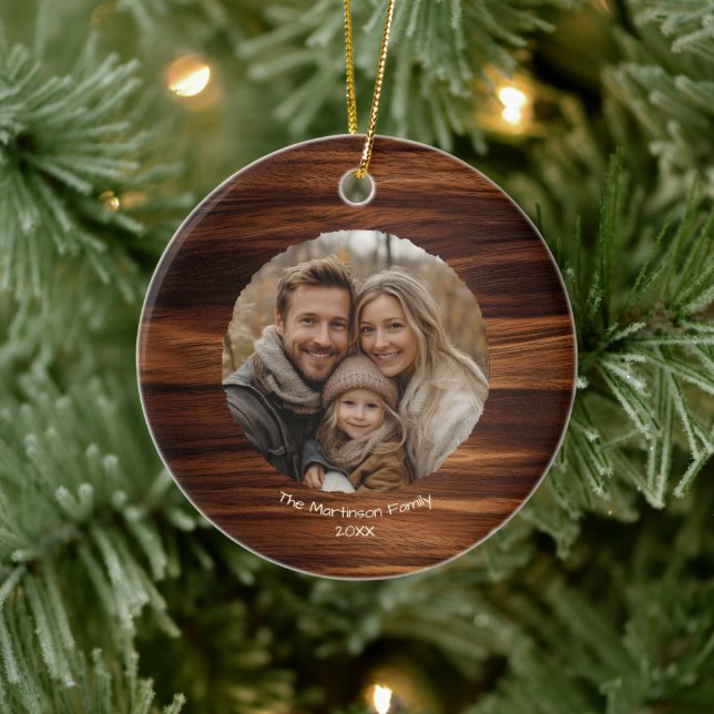 Modern Family Photo on Wood Personalized Christmas Ceramic Ornament (Tree)