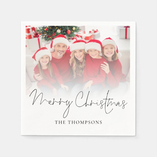Modern Family Photo Overlay Script Merry Christmas Napkins (Front)