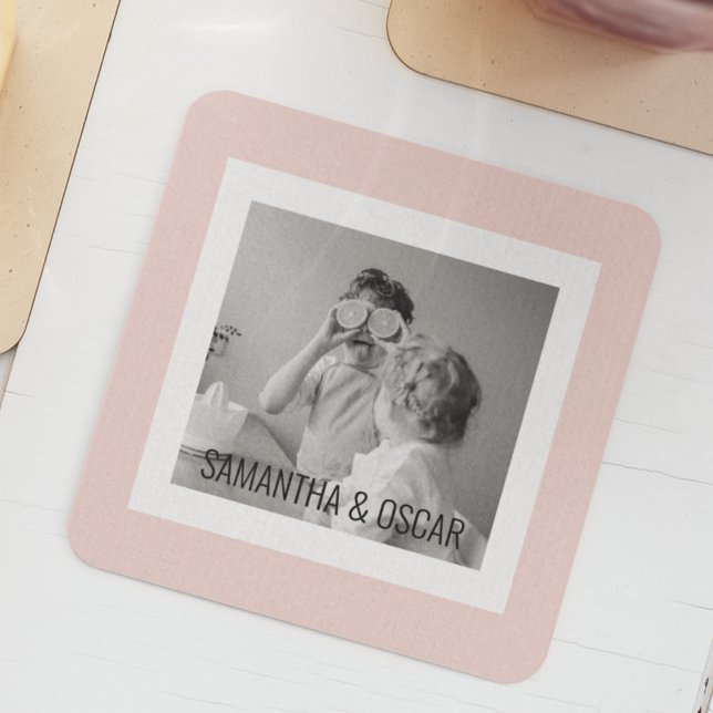 Modern  Family Photo Pastel Pink Simple Gift Glass Coaster (Creator Uploaded)
