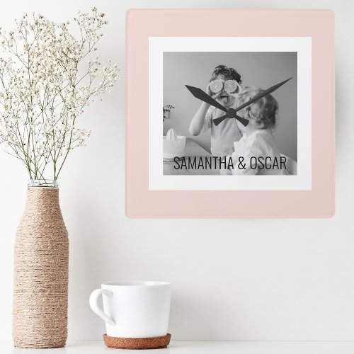 Modern  Family Photo Pastel Pink Simple Gift Square Wall Clock