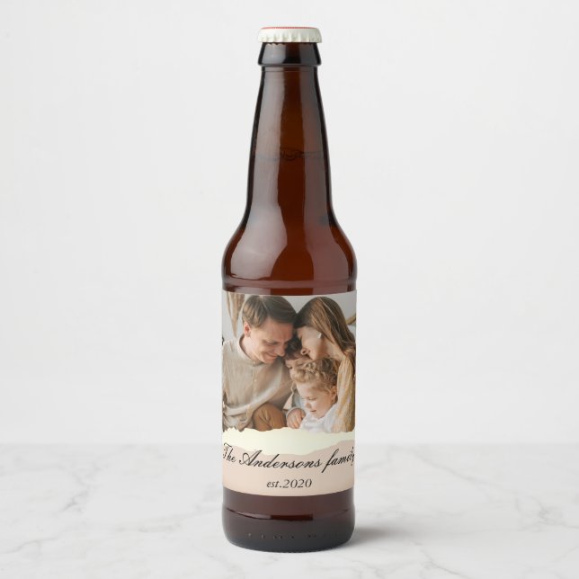 Modern Family Photo & Personalized Name Gift Beer Bottle Label (Front)