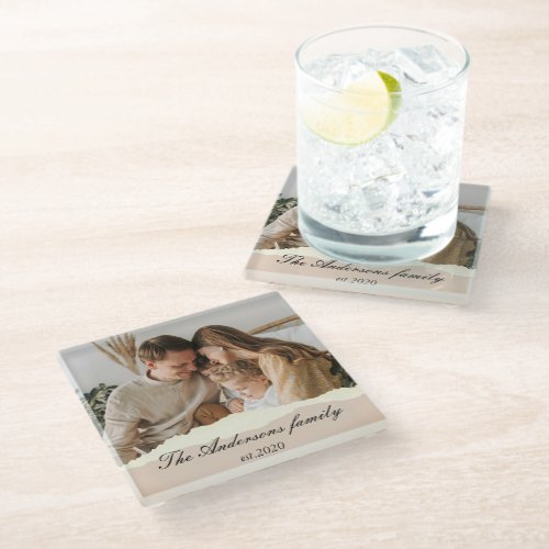 Modern Family Photo  Personalized Name Gift Glass Coaster