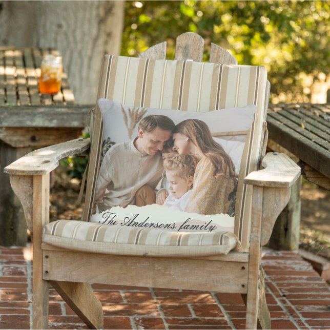 Modern Family Photo & Personalized Name Gift Outdoor Pillow (Chair)