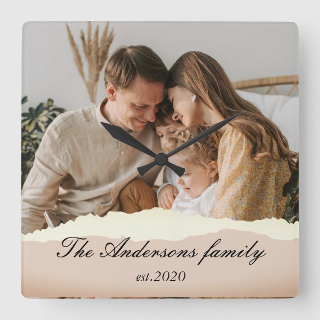 Modern Family Photo & Personalized Name Gift Square Wall Clock (Front)