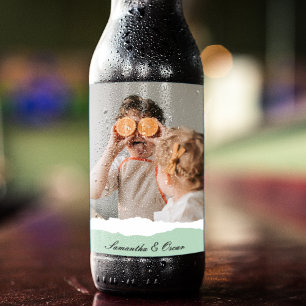 Modern Family Photo & Personalized Name Mint Gift Beer Bottle Label