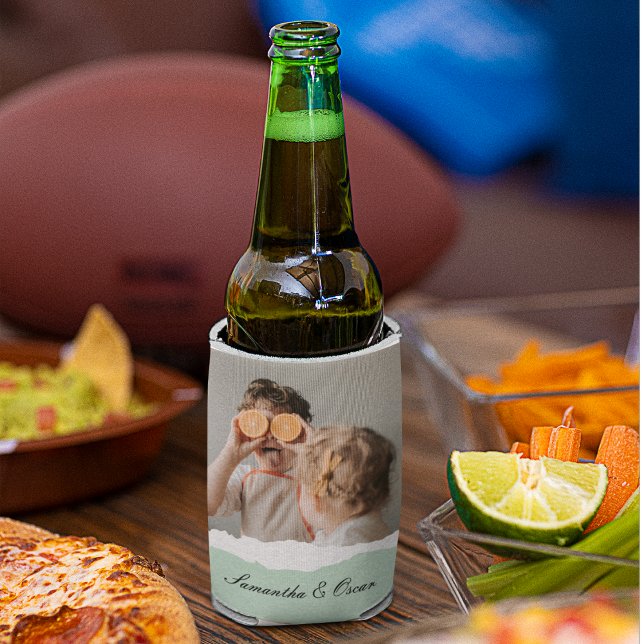 Modern Family Photo & Personalized Name Mint Gift Can Cooler (Creator Uploaded)