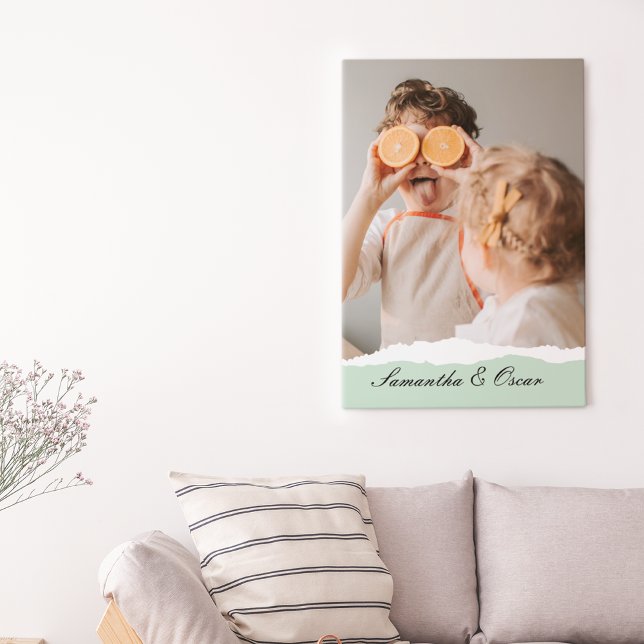 Modern Family Photo & Personalized Name Mint Gift Canvas Print (Creator Uploaded)