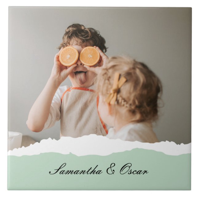 Modern Family Photo & Personalized Name Mint Gift Ceramic Tile (Front)