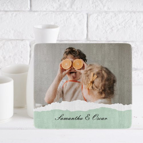 Modern Family Photo  Personalized Name Mint Gift Cutting Board