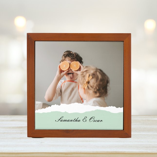 Modern Family Photo & Personalized Name Mint Gift Desk Organizer (Creator Uploaded)