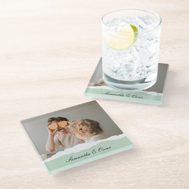 Modern Family Photo & Personalized Name Mint Gift Glass Coaster (Angled)
