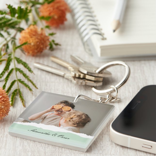 Modern Family Photo & Personalized Name Mint Gift Keychain (Front Right)