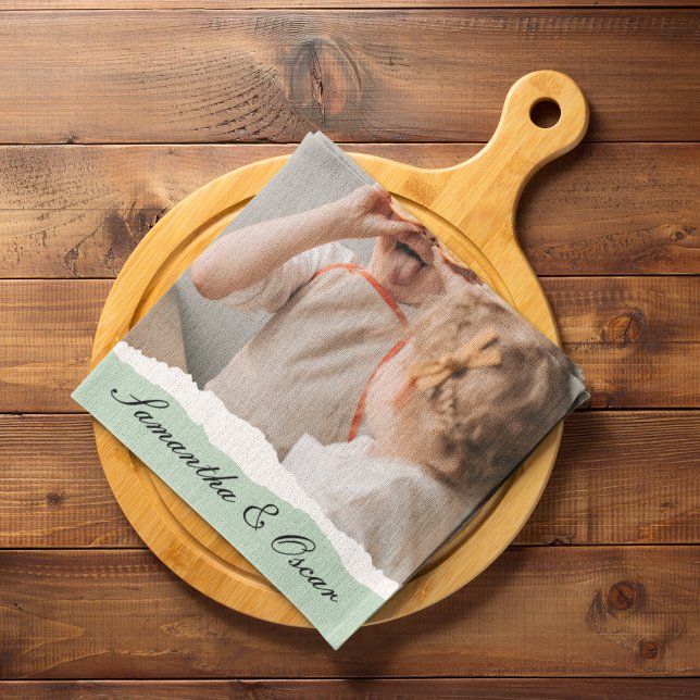 Modern Family Photo & Personalized Name Mint Gift Kitchen Towel (Creator Uploaded)