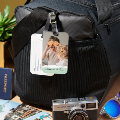 Modern Family Photo  Personalized Name Mint Gift Luggage Tag