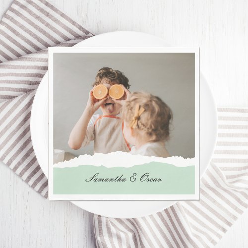Modern Family Photo  Personalized Name Mint Gift Napkins