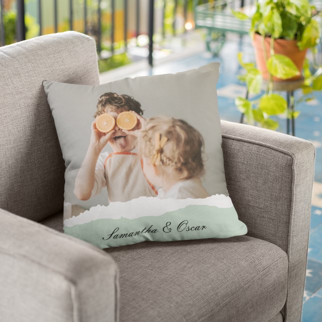 Modern Family Photo & Personalized Name Mint Gift Outdoor Pillow (Creator Uploaded)