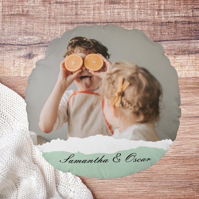 Modern Family Photo & Personalized Name Mint Gift Round Pillow (Creator Uploaded)