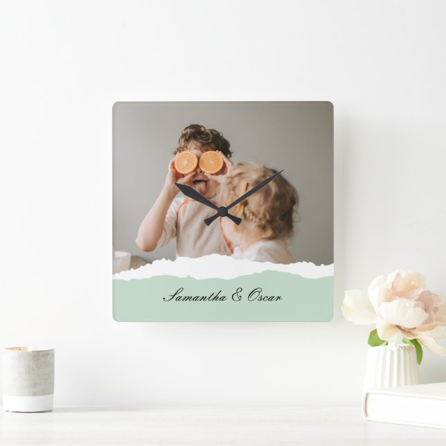 Modern Family Photo & Personalized Name Mint Gift Square Wall Clock (Home)