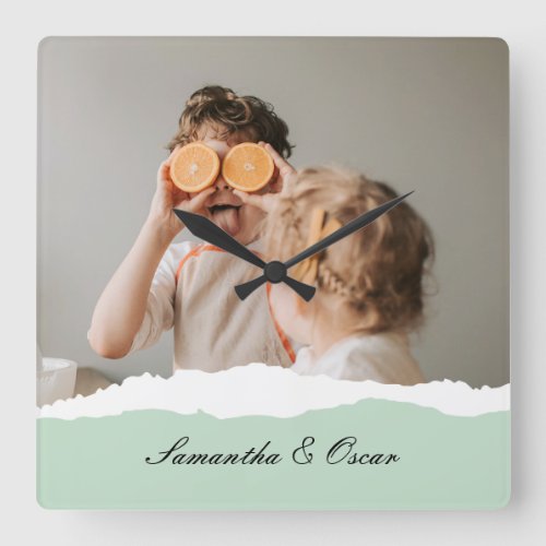 Modern Family Photo & Personalized Name Mint Gift Square Wall Clock