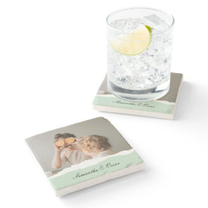 Modern Family Photo & Personalized Name Mint Gift Stone Coaster