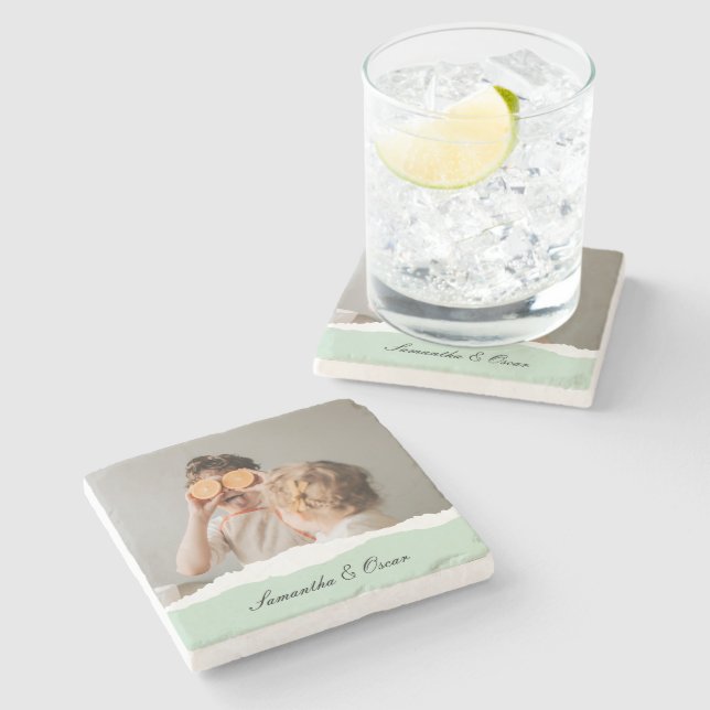 Modern Family Photo & Personalized Name Mint Gift Stone Coaster (Side)