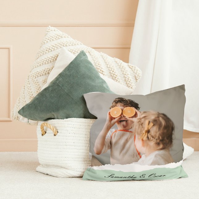 Modern Family Photo & Personalized Name Mint Gift Throw Pillow (Creator Uploaded)