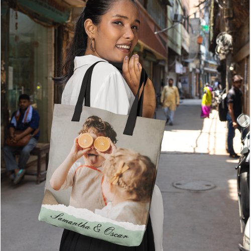 Modern Family Photo  Personalized Name Mint Gift Tote Bag