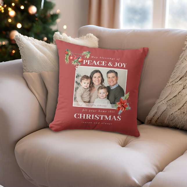 Modern Family Photo Red Christmas Throw Pillow (Creator Uploaded)