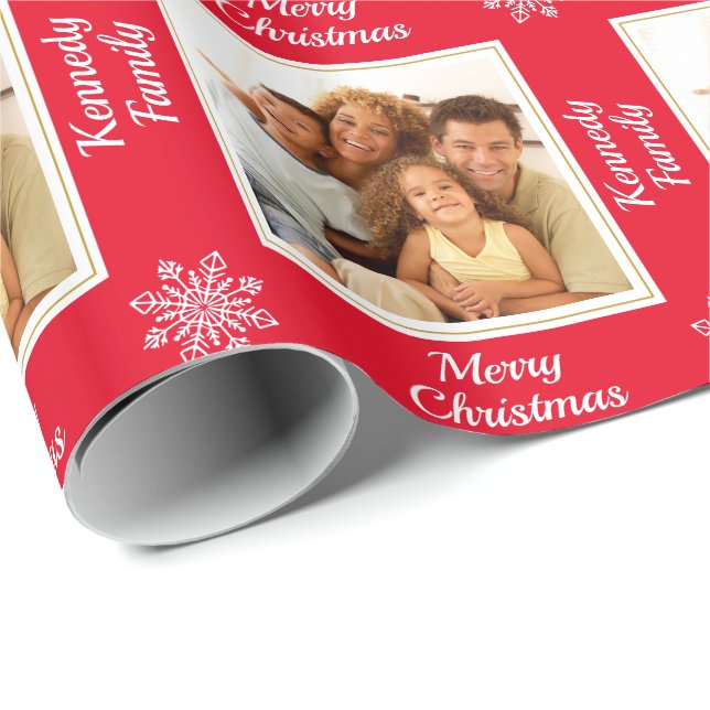 Modern Family Photo Snowflake Red Merry Christmas Wrapping Paper (Roll Corner)