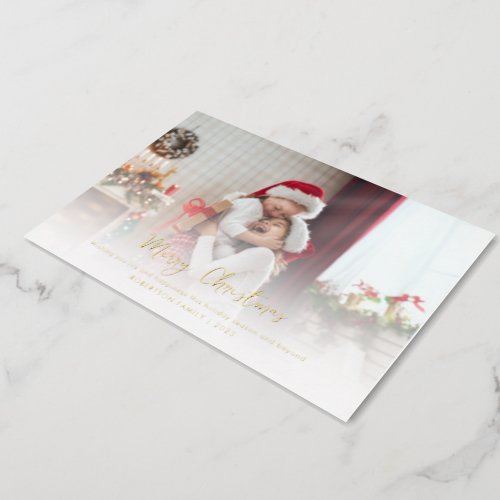 Modern Family Photo Stylish Script Christmas Gold Foil Holiday Card