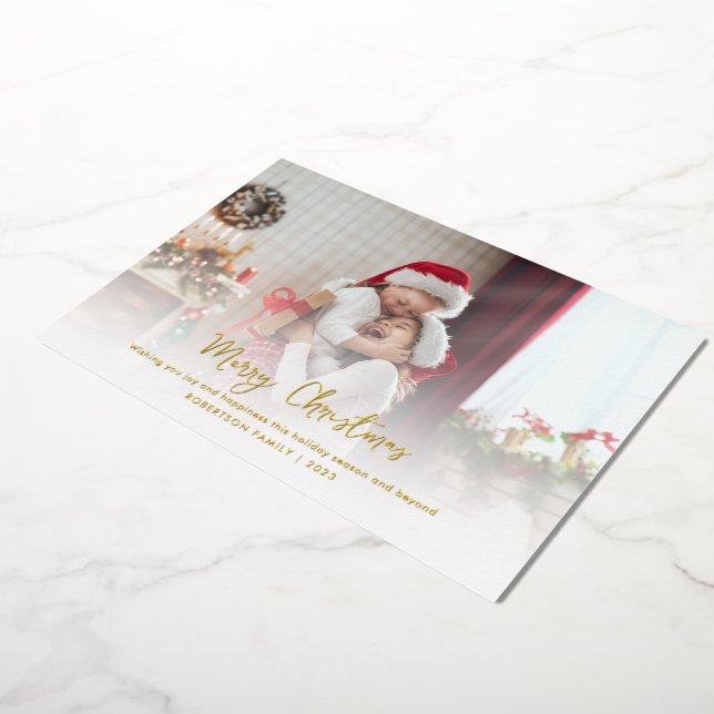 Modern Family Photo Stylish Script Christmas Gold Foil Holiday Card (Rotated)