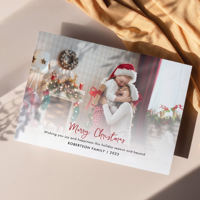 Modern Family Photo Stylish Script Christmas Holiday Card (Plaid Christmas Photo Rustic Greetings Card)