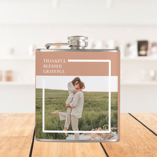 Modern Family Photo  Thankful Blessed Grateful Flask