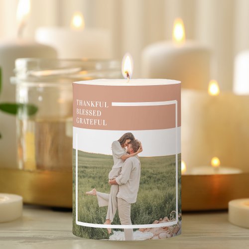 Modern Family Photo  Thankful Blessed Grateful Pillar Candle