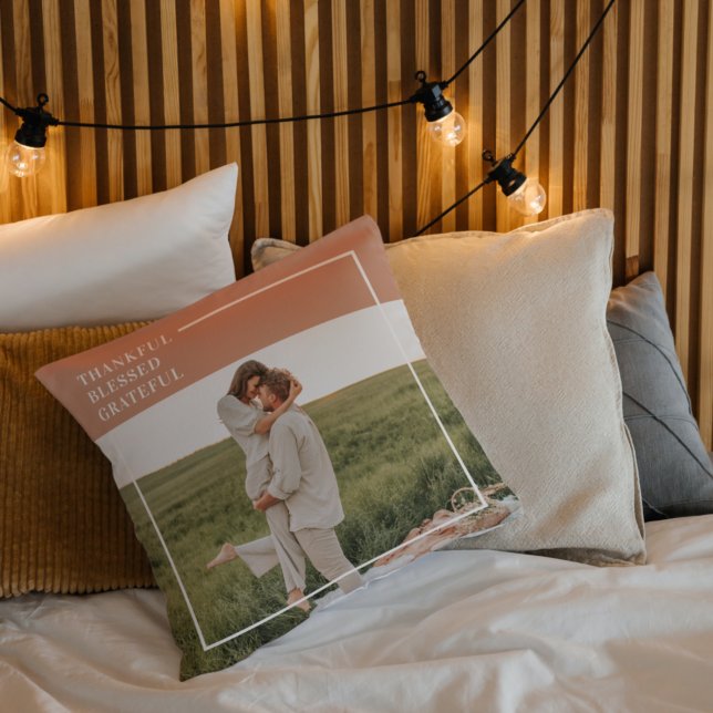 Modern Family Photo | Thankful Blessed Grateful Throw Pillow (Creator Uploaded)