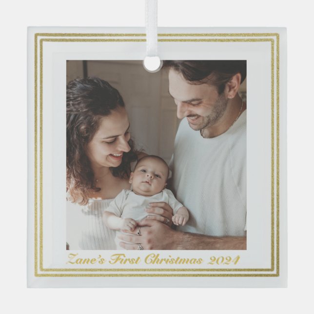 Modern Family Portrait Baby’s First Christmas  Glass Ornament (Front)
