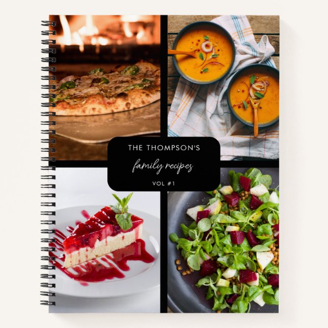 Modern Family Recipes 4 Photo Collage Recipe Black Notebook (Front)