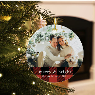 Modern Family Red Buffalo Plaid With Photo Ceramic Ornament