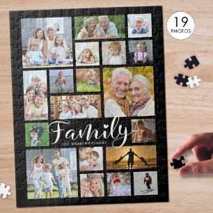 Modern FAMILY Script 19 Photo Collage Name Custom Jigsaw Puzzle