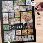 Modern FAMILY Script 19 Photo Collage Name Custom Jigsaw Puzzle<br><div class="desc">Easily create a fun family activity or pastime filled with memories with this modern photo collage puzzle featuring a variety of sizes and shapes for 19 photos and the title FAMILY in a chic handwritten script font dotted with a heart and personalized with the family's name. CHANGES: Change the black...</div>