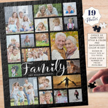 Modern FAMILY Script 19 Photo Collage Name Custom Jigsaw Puzzle