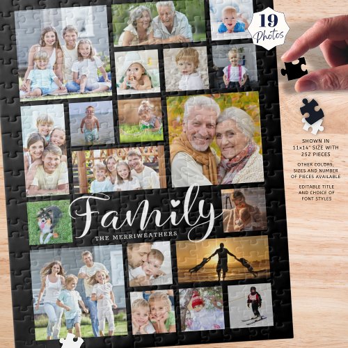 Modern FAMILY Script 19 Photo Collage Name Custom Jigsaw Puzzle