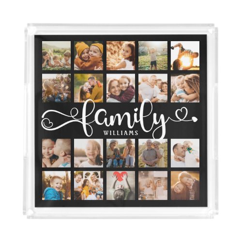 Modern Family Script 20 Photo Collage Chic Black Acrylic Tray