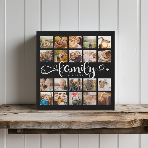 Modern Family Script 20 Photo Collage Chic Black Faux Canvas Print