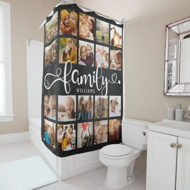 Modern Family Script 20 Photo Collage Chic Black  Shower Curtain (In Situ)
