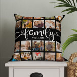 Modern Family Script 20 Photo Collage Chic Black Throw Pillow<br><div class="desc">Modern custom photo collage pillow with space for 20 photos surrounding a trendy swirly script reading FAMILY and your custom name below. This is the 2 sided version.</div>